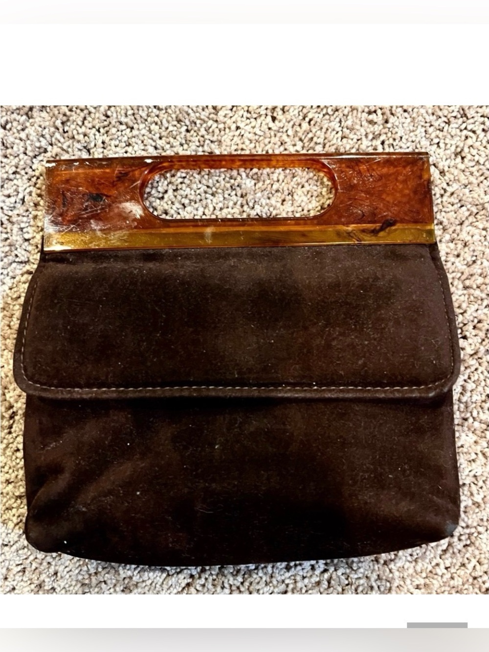 NEW Brown Suede Clutch with Amber Tortoiseshell Handle small classic Vintage